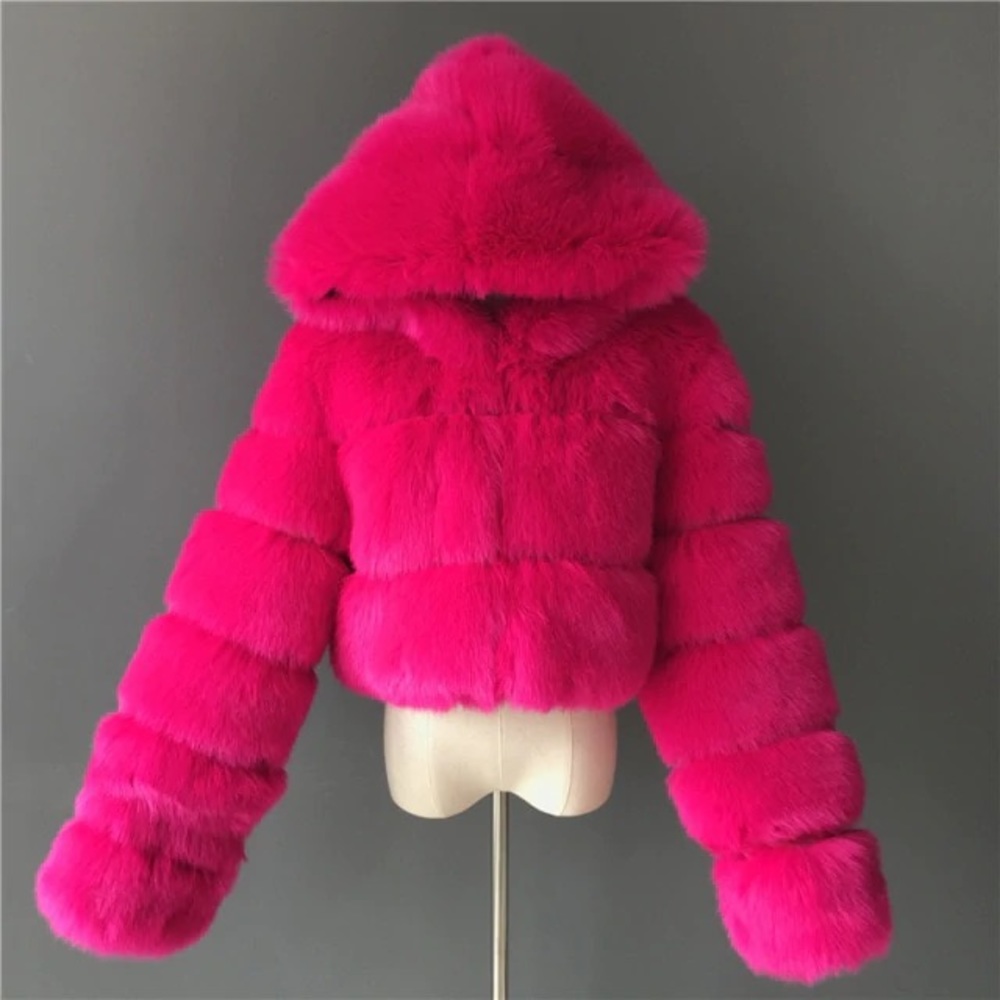 HOT PINK FAUX FUR HOODED CROPPED JACKET